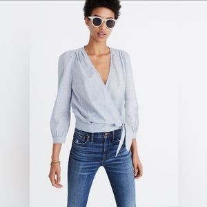 Madewell Light Blue Pinstripe Faux Wrap Blouse Size X small EUC